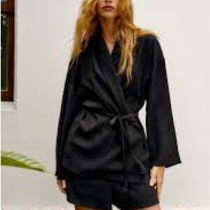 Zara Black Textured Wrap Blazer Kimono Jacket Belted Size XS/S